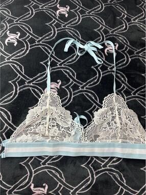 Blue and white lace bralette
